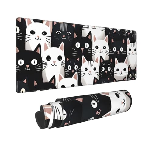 Mexpekil Schwarz-weißes Katzen-Mauspad mit rutschfester Gummiunterseite, 80 x 30 cm, Gaming-Mauspad, große Schreibtischunterlage, wasserdichte Tastatur und Mauspad, Computerzubehör für Büro, Zuhause von Mexpekil