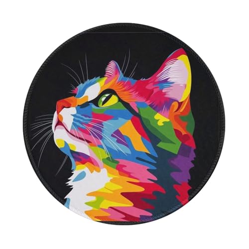Runde Mauspads für Schreibtischarbeit, abstrakte geometrische bunte Katze, moderne Kunst, minimalistisch, weiches Computer-Mauspad mit rutschfester Gummiunterseite für Laptop, Heimbüro, 20,3 x 20,3 cm von Mexpekil