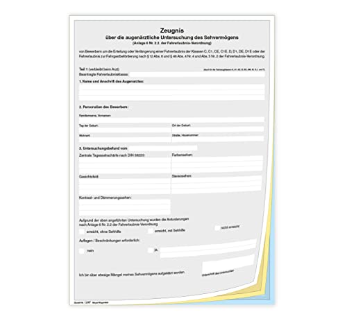 Führerscheingutachten Anlage 6 Nr. 2.2 zur Fahrerlaubnis-Verordnung, Augenärztliche Untersuchung des Sehvermögens, DIN A4, 50 Formularsätze von Meyer-Wagenfeld