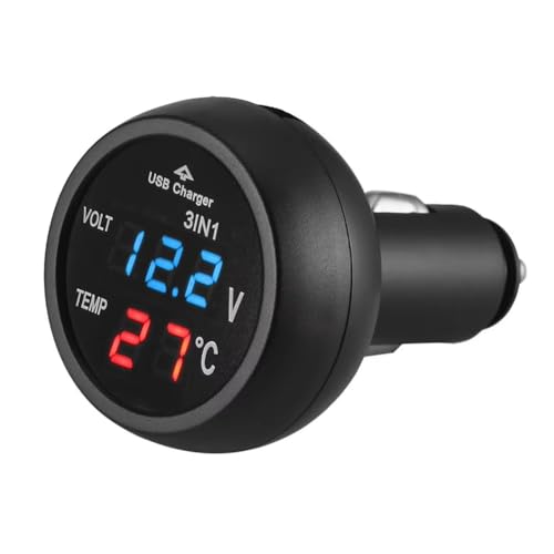 MiJunHD 3 in 1 Fahrzeuge Voltmeter, USB Ladegerät & Thermometer & Auto Batterie Spannungsmesser, LCD Digitales Anzeigefeld für 12V 24V KFZ Bus LKWs Zigarettenanzünder (Rotes Blaues Licht 1 Stück) von MiJunHD