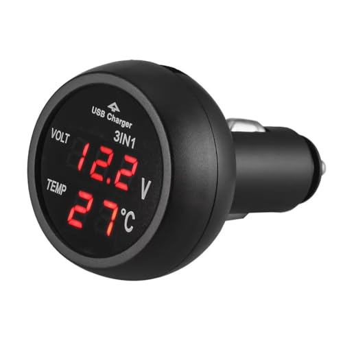 MiJunHD 3 in 1 Fahrzeuge Voltmeter, USB Ladegerät & Thermometer & Auto Batterie Spannungsmesser, LCD Digitales Anzeigefeld für 12V 24V KFZ Bus LKWs Zigarettenanzünder (Rotes Licht 1 Stück) von MiJunHD