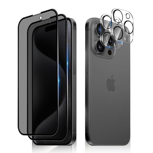 MiKoyi Schutzfolie Kompatibel mit iPhone 15 Pro Max [2+2 Stück] Privacy Displayschutz Kameraschutz Anti Spy Schutz Glas Sichtschutz 9H Härte Blickschutzfolie Displayschutzfolie für iPhone 15 Pro Max von MiKoyi