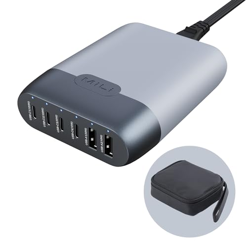 MiLi 140W GaN 6-Port Ladegerät mit Tasche, Netzteil mit 4 USB-C und 2 USB-A, Schnellladestation Mehrfach Ladestecker, Laptop-Ladegerät Charger für MacBook/iPhone/iPad Pro/Samsung von MiLi