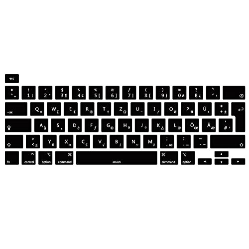 MiNGFi Deutsche QWERTZ Silikon Tastatur Schutz Abdeckung für MacBook Pro 16" M1 (2019+) Modell A2141 MacBook Pro 13" (2020+) Modell A2338 A2289 A2251 EU/ISO Tastaturlayout - Schwarz von MiNGFi