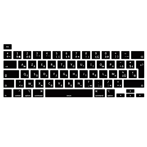 MiNGFi Französisch AZERTY Silikon Tastatur Schutz Abdeckung für MacBook Pro 16" M1 (2019+) Modell A2141 MacBook Pro 13" (2020+) Modell A2338 A2289 A2251 EU/ISO Tastaturlayout - Schwarz von MiNGFi