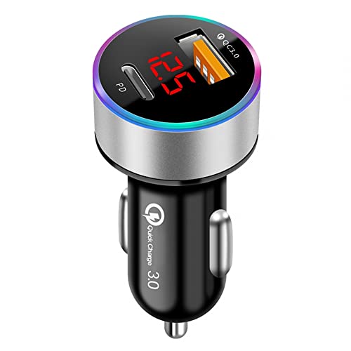 Zigarettenanzünder USB 12V, Auto Handy Ladegerät mit USB C & USB Dual-Anschlüsse QC 3.0 Schnellesladen und Intelligente Digitale Anzeige für die meisten Autos von MiOYOOW