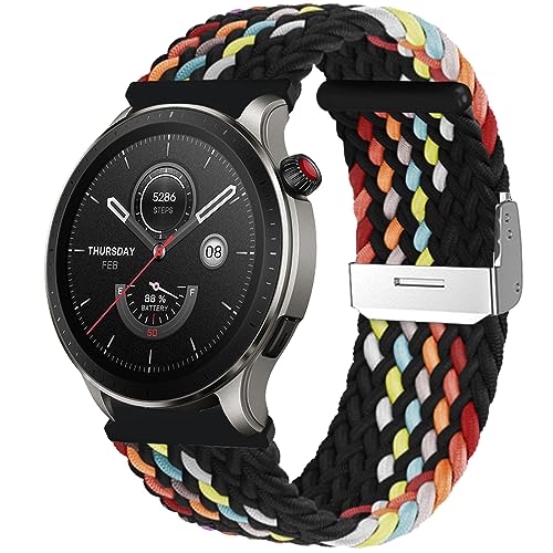 MiRowy 22mm Armband für Amazfit Bip 6/Bip 5/5 Unity/Balance/Cheetah/Cheetah Pro Armbänder, Nylon Sport Ersatzarmband Uhrenarmband für Amazfit GTR 4/GTR 3/3 Pro/2e/2eSIM - Schwarzer Regenbogen von MiRowy