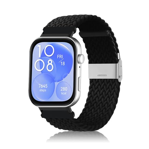MiRowy Armband Kompatibel mit Huawei Watch Fit 4 Pro/4/3 Armbänder, Elastisch Geflochtene Ersatzarmbänder, Soft Nylon Sport Uhrenarmband für Huawei Watch Fit 4 Pro/4/3, Schwarz von MiRowy