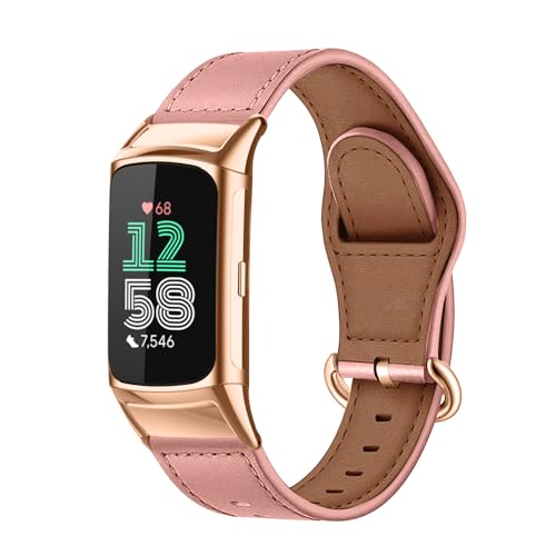 MiRowy Leder Armband Kompatibel mit Fitbit Charge 6/Fitbit Charge 5, Uhrenarmband für Damen Herren, Premium Lederband Ersatzbänder für Fitbit Charge 6/Fitbit Charge 5 - Rosa von MiRowy