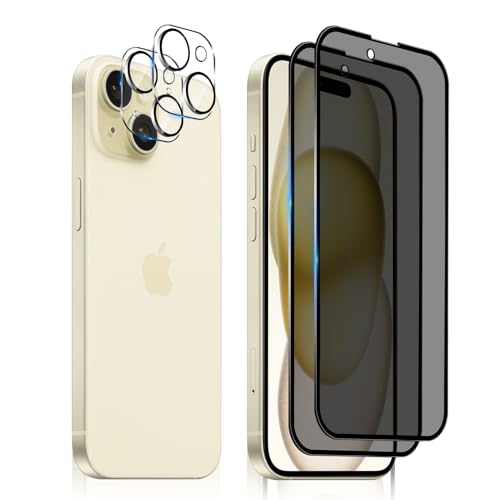 MiRowy Sichtschutz Kompatibel mit iPhone 15 Plus(6.7 Zoll) Privacy Schutzfolie, 【2+2 Stück】Anti Spähen Panzerglasfolie Glas+Kameraschutz, 9H Anti Kratzer Anti-Spy Displayschutzfolie für iPhone 15 Plus von MiRowy