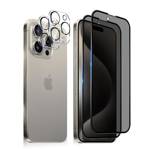 MiRowy Sichtschutz Kompatibel mit iPhone 15 Pro(6.1 Zoll) Privacy Schutzfolie, 【2+2 Stück】Anti Spähen Panzerglasfolie Glas + Kameraschutz, 9H Anti Kratzer Anti-Spy Displayschutzfolie für iPhone 15 Pro von MiRowy