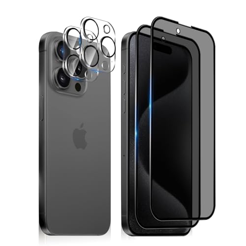 MiRowy Sichtschutz Kompatibel mit iPhone 15 Pro Max(6.7 Zoll) Privacy Schutzfolie, 【2+2 Stück】 Anti Spähen Panzerglasfolie Glas + Kameraschutz, 9H Anti-Spy Displayschutzfolie für iPhone 15 Pro Max von MiRowy