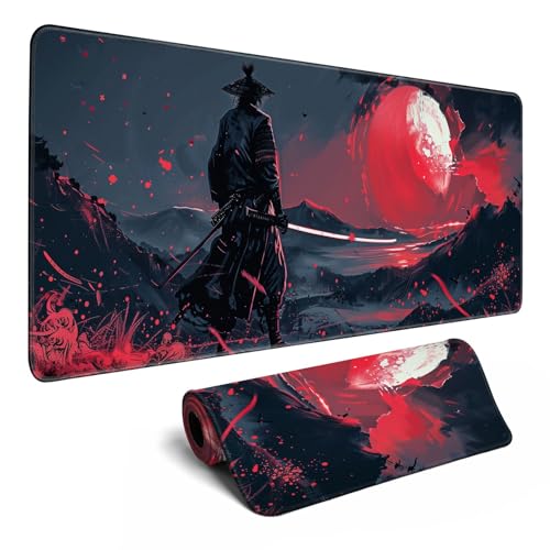 Schwarze Schreibtischunterlage, japanisches Samurai-Mauspad, XL, rotes Anime-Design, großes Gaming-Mauspad für Männer, Schreibtischunterlage mit genähten Kanten, rutschfeste große Computermatte, 80 x Schwarze Schreibtischunterlage, japanisches Samurai-Mauspad, XL, rotes Anime-Design, großes Gaming-Mauspad für Männer, Schreibtischunterlage mit genähten Kanten, rutschfeste große Computermatte, 80 x von MiaVibte