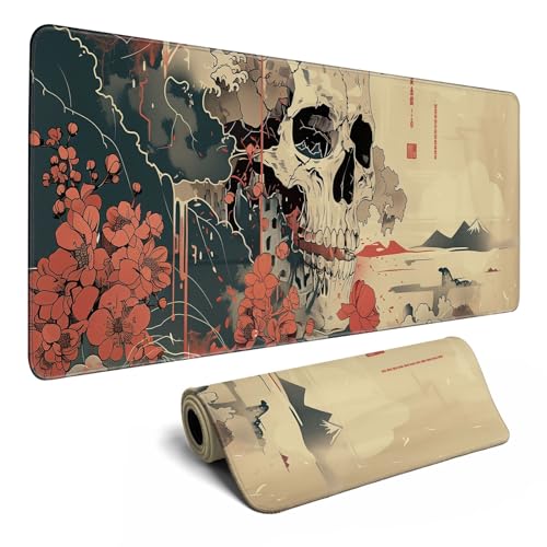 MiaVibte Ukiyo-e Mauspad mit Totenkopf, japanisches Design, XL, Anime, großes Gaming-Mauspad für Herren, Schreibtischunterlage mit genähten Kanten, rutschfeste große (35,4 x 11,8 cm, Muster 10) von MiaVibte