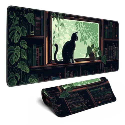 XL-Mauspad, Gaming-Mauspad, Kawaii, niedliche Pixel-Katze, Outdoor, extra großes Mauspad (80 x 30 cm), grüne Schreibtischunterlage, Anime-Pad, Heimbüro, Dekoration, Mauspad, genähte Kanten, glatte von MiaVibte