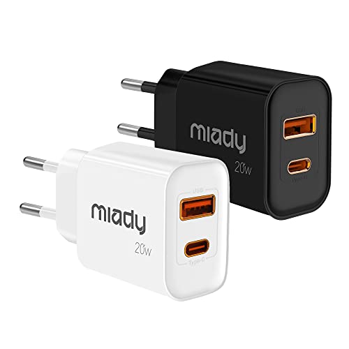 [2 Stück] Miady 20W USB C Ladegerät, 2-Port PD USB C Netzteil QC 3.0 Power Adapter Stecker kompatibel mit iPhone 14/14 Pro/14 Pro Max/13, 12, 11, SE, AirPods, iPad, Galaxy usw. von Miady