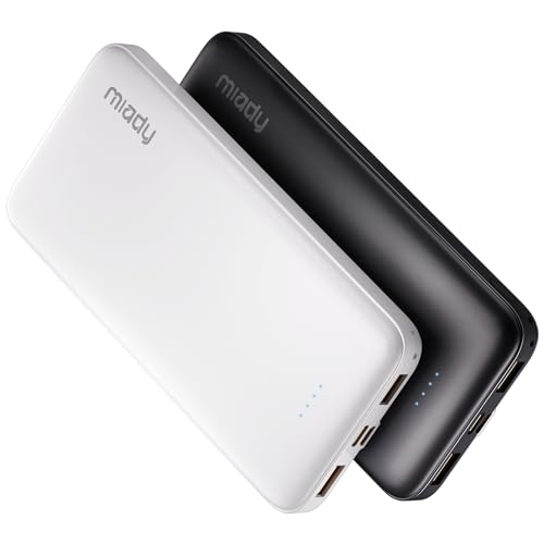 [2 Stück] Miady Power Bank 10000mAh, Powerbank USB C (Input&Output), 2,4A USB + USB C Ausgang, Type C + Micro Eingang mit Kabel für iPhone, iPad, Samsung, Galaxy von Miady