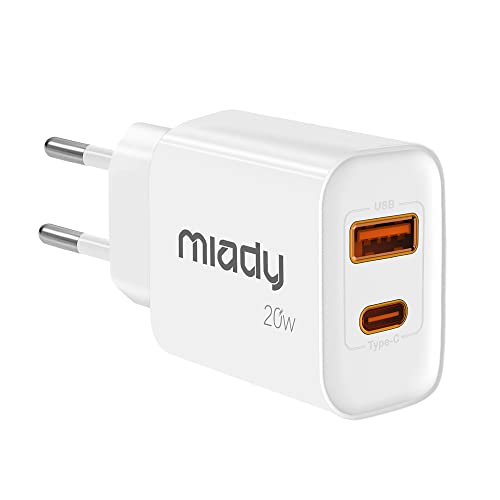 Miady 20W USB C Ladegerät, 2-Port PD USB C Netzteil QC 3.0 Power Adapter Stecker kompatibel mit iPhone 14/14 Pro/14 Pro Max/13, 12, 11, SE, AirPods, iPad, Galaxy usw. von Miady