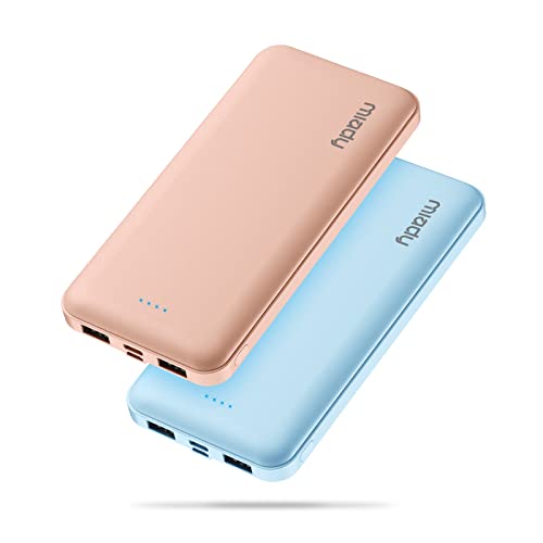 Miady Power Bank 10000mAh 2 Stück, Powerbank USB C (Input&Output) 2 USB 2,4A + USB-C Ausgang, Type-c + Micro Eingang für Smartphones, iPad usw. (Blau & Rosa) von Miady