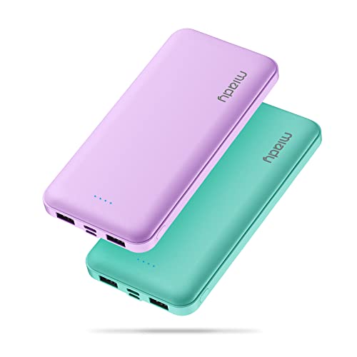 Miady Power Bank 10000mAh 2 Stück, Powerbank USB C (Input&Output) 2 USB 2,4A + USB-C Ausgang, Type-c + Micro Eingang für Smartphones, iPad usw. (Grün & Lila) von Miady