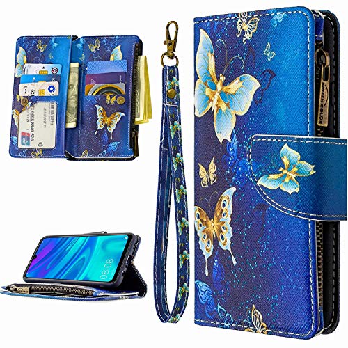 Miagon 9 Kartensteckplätzen Lederhülle für Huawei P40 Lite,Bunt Reißverschluss Flip Hülle Wallet Case Handyhülle PU Leder Tasche Schutzhülle,Gold Schmetterling von Miagon