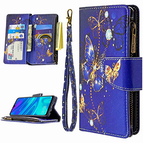 Miagon 9 Kartensteckplätzen Lederhülle für Huawei Y6 2019,Bunt Reißverschluss Flip Hülle Wallet Case Handyhülle PU Leder Tasche Schutzhülle,Blau Schmetterling von Miagon