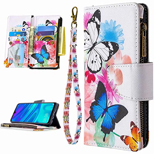 Miagon 9 Kartensteckplätzen Lederhülle für Samsung Galaxy A10,Bunt Reißverschluss Flip Hülle Wallet Case Handyhülle PU Leder Tasche Schutzhülle,Schmetterling Blume von Miagon