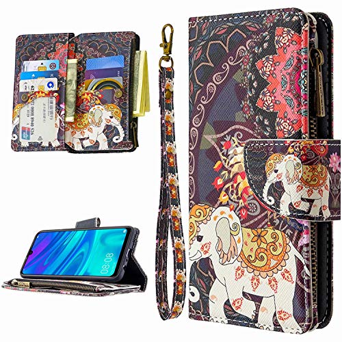 Miagon 9 Kartensteckplätzen Lederhülle für Samsung Galaxy A30S,Bunt Reißverschluss Flip Hülle Wallet Case Handyhülle PU Leder Tasche Schutzhülle,Elefant Blume von Miagon