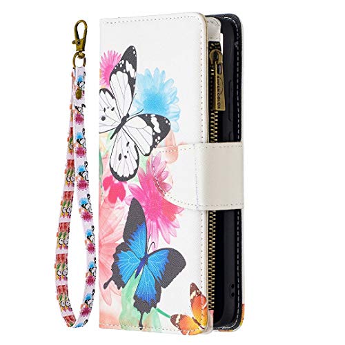 Miagon 9 Kartensteckplätzen Lederhülle für Xiaomi Mi 10T Pro,Bunt Reißverschluss Flip Hülle Wallet Case Handyhülle PU Leder Tasche Schutzhülle,Schmetterling Blume von Miagon