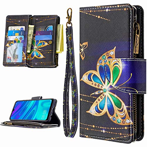 Miagon 9 Kartensteckplätzen Lederhülle für iPhone 11,Bunt Reißverschluss Flip Hülle Wallet Case Handyhülle PU Leder Tasche Schutzhülle,Diamant Schmetterling von Miagon