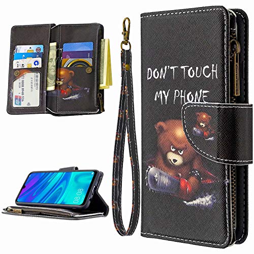 Miagon 9 Kartensteckplätzen Lederhülle für iPhone 11 Pro,Bunt Reißverschluss Flip Hülle Wallet Case Handyhülle PU Leder Tasche Schutzhülle,Kettensäge Bär von Miagon