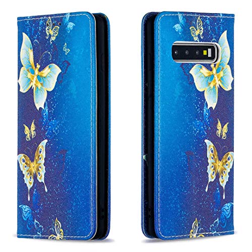 Miagon Brieftasche Hülle für Samsung Galaxy S10,Kreativ Gemalt Handytasche Case PU Leder Geldbörse mit Kartenfach Wallet Cover Klapphülle,Gold Schmetterling von Miagon