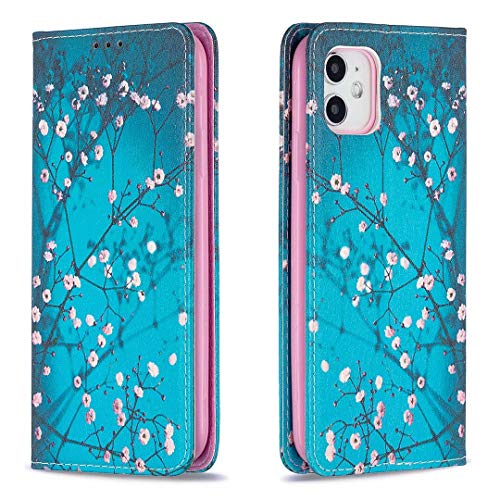 Miagon Brieftasche Hülle für iPhone 12 Mini,Kreativ Gemalt Handytasche Case PU Leder Geldbörse mit Kartenfach Wallet Cover Klapphülle,Blau Blume von Miagon