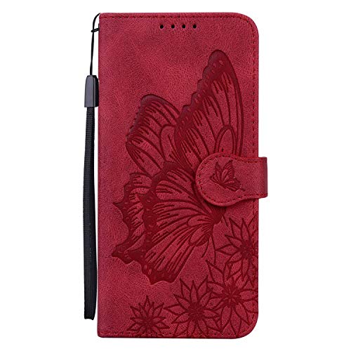 Miagon Hülle für Huawei P Smart 2021,Schutzhülle PU Flip Leder Brieftasche Handytasche mit Retro Schmetterling Entwurf Kartenfächer Klapp Handyhülle,Rot von Miagon