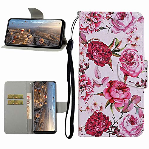 Miagon Hülle für Huawei P30,Handyhülle PU Leder Brieftasche Schutz Flip Case Wallet Cover Klapphüllen Tasche Etui mit Kartenfächern Stand,Rosa Blume von Miagon