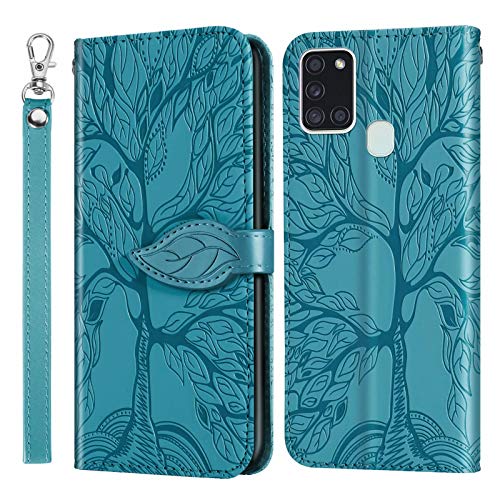 Miagon Prägung Lederhülle für Samsung Galaxy A21S,Handyhülle Tasche Brieftasche Hülle Bookstyle Schutzhülle Flip Case Cover Klapphülle Kartenfächer,Baum Blau von Miagon