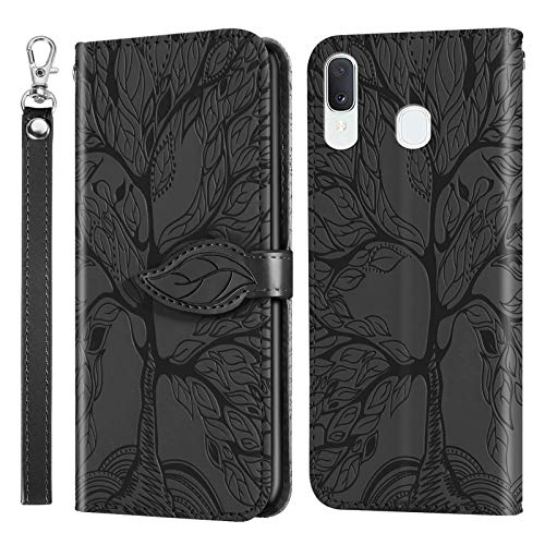 Miagon Prägung Lederhülle für Samsung Galaxy A40,Handyhülle Tasche Brieftasche Hülle Bookstyle Schutzhülle Flip Case Cover Klapphülle Kartenfächer,Baum Schwarz von Miagon