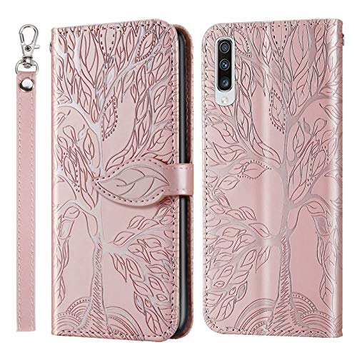 Miagon Prägung Lederhülle für Samsung Galaxy A70,Handyhülle Tasche Brieftasche Hülle Bookstyle Schutzhülle Flip Case Cover Klapphülle Kartenfächer,Baum Roségold von Miagon