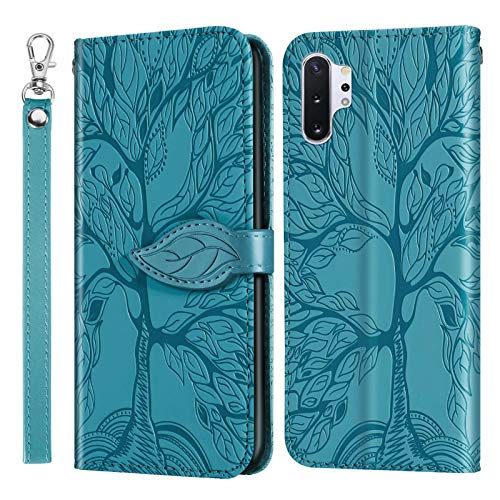 Miagon Prägung Lederhülle für Samsung Galaxy Note 10 Plus,Handyhülle Tasche Brieftasche Hülle Bookstyle Schutzhülle Flip Case Cover Klapphülle Kartenfächer,Baum Blau von Miagon