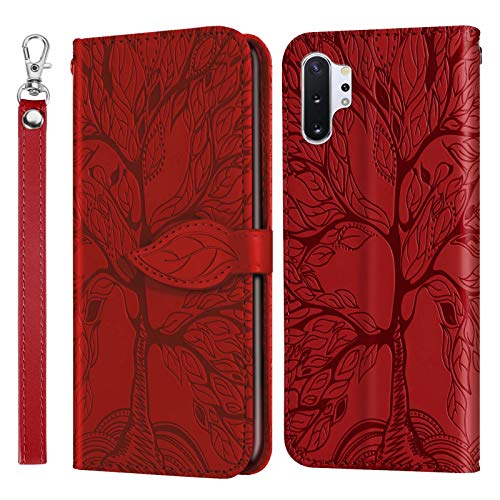 Miagon Prägung Lederhülle für Samsung Galaxy Note 10 Plus,Handyhülle Tasche Brieftasche Hülle Bookstyle Schutzhülle Flip Case Cover Klapphülle Kartenfächer,Baum Rot von Miagon