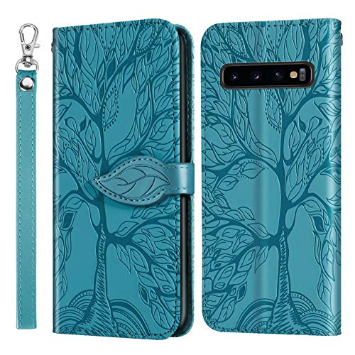 Miagon Prägung Lederhülle für Samsung Galaxy S10,Handyhülle Tasche Brieftasche Hülle Bookstyle Schutzhülle Flip Case Cover Klapphülle Kartenfächer,Baum Blau von Miagon