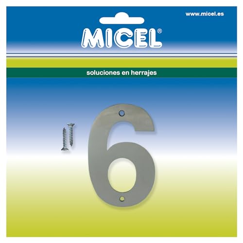 MICEL 10513 Hausnummer 6, Edelstahl, silberfarben, inklusive Schrauben, 63 x 100 x 2 mm von Micel