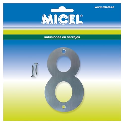 MICEL 10515 Hausnummer 8, Edelstahl, silberfarben, inklusive Schrauben, 60 x 100 x 2 mm von Micel