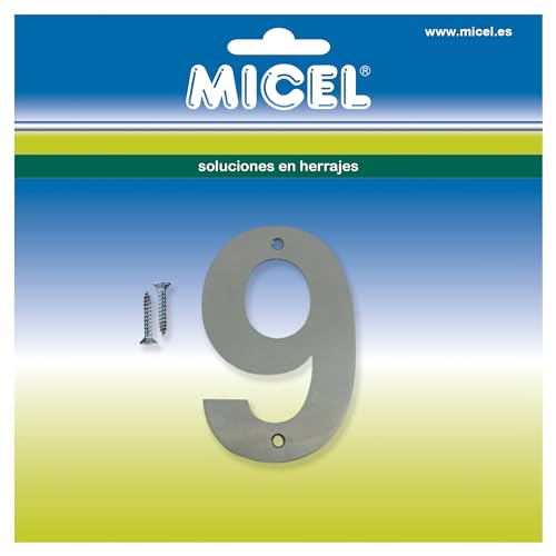MICEL 10516 Hausnummer 9, rostfrei, silberfarben, inklusive Schrauben, 60 x 100 x 2 mm von Micel