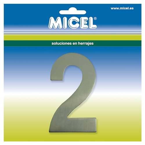 MICEL - 10524 - Nummer 2 für Außentüren, selbstklebend, Edelstahl, silberfarben, inklusive Aufkleber, 57 x 100 x 2 mm von Micel