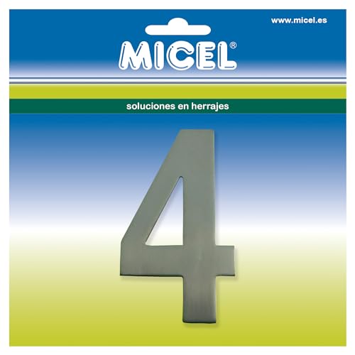 MICEL 10526 Selbstklebende Hausnummer 4, Edelstahl, silberfarben, inklusive Aufkleber, 57 x 100 x 2 mm von Micel