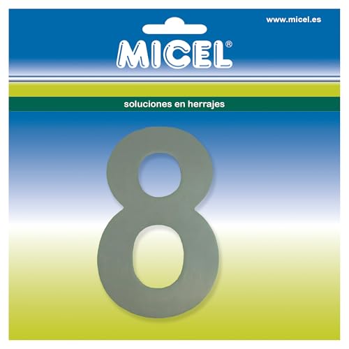 MICEL - 10530 Hausnummer für Außentüren, selbstklebend, Nummer 8, Edelstahl, silberfarben, inklusive Aufkleber, 60 x 100 x 2 mm von Micel