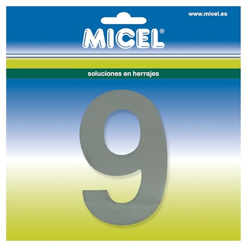MICEL - 10531 Hausnummer für Außentüren, selbstklebend, Nummer 9, Edelstahl, silberfarben, inklusive Aufkleber, 61 x 100 x 2 mm von Micel