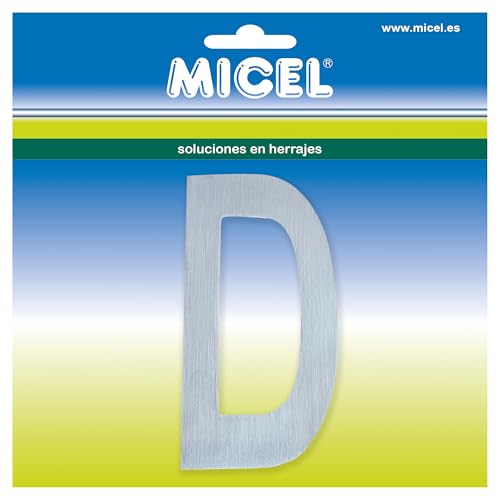 MICEL - 10535 Buchstabe für Außentüren, selbstklebend, Buchstabe D, Edelstahl, silberfarben, inklusive Aufkleber, 58 x 100 x 2 mm von Micel