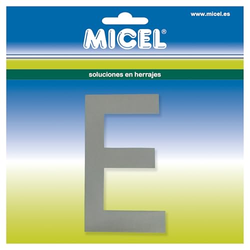 MICEL - 10536 Buchstabe für Außentüren, selbstklebend, Buchstabe E, Edelstahl, silberfarben, inklusive Aufkleber, 54 x 100 x 2 mm von Micel